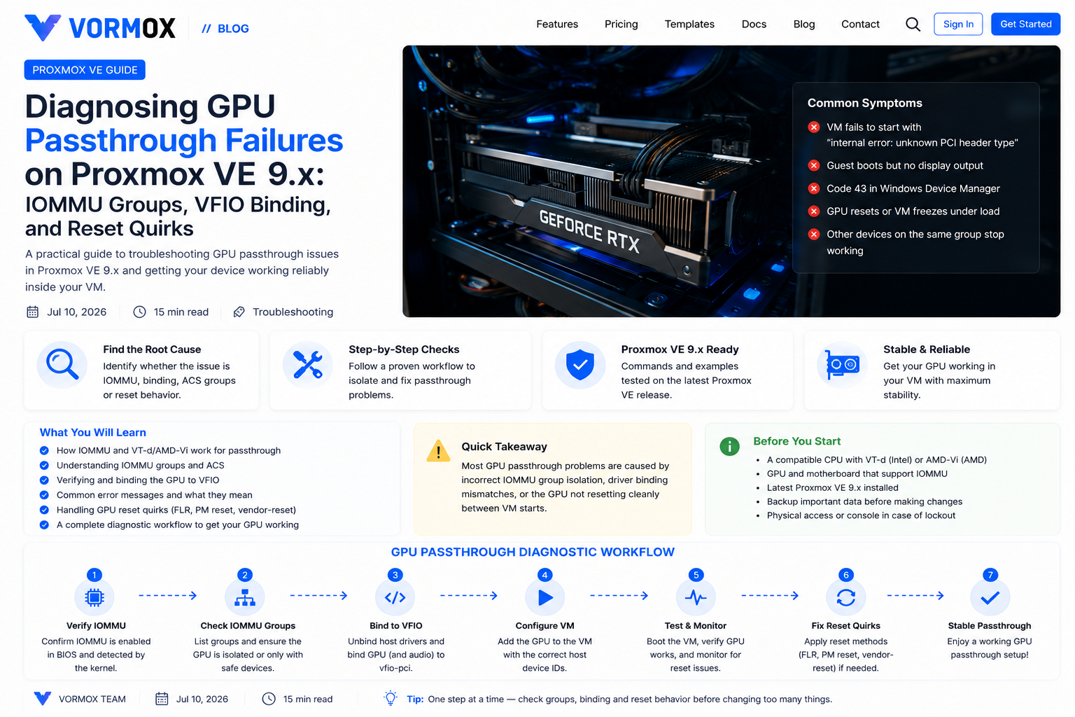 Diagnosing GPU Passthrough Failures on Proxmox VE 9.x: IOMMU Groups, VFIO Binding, and Reset Quirks